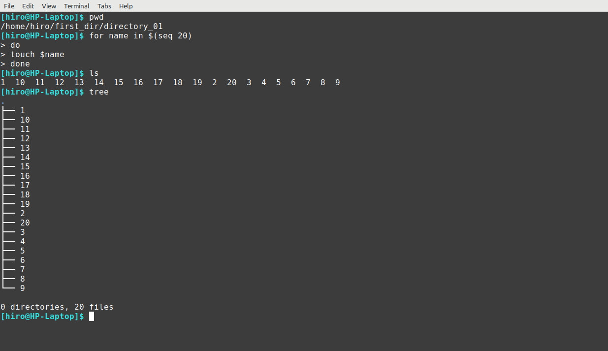 for loop で20個のファイルを一気に作成